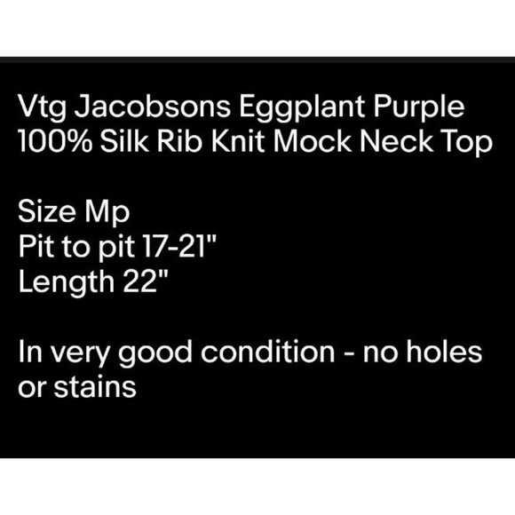 Vtg Jacobsons Eggplant Purple 100% Silk Rib Knit Mock Neck Top Sz Mp - Picture 6 of 6
